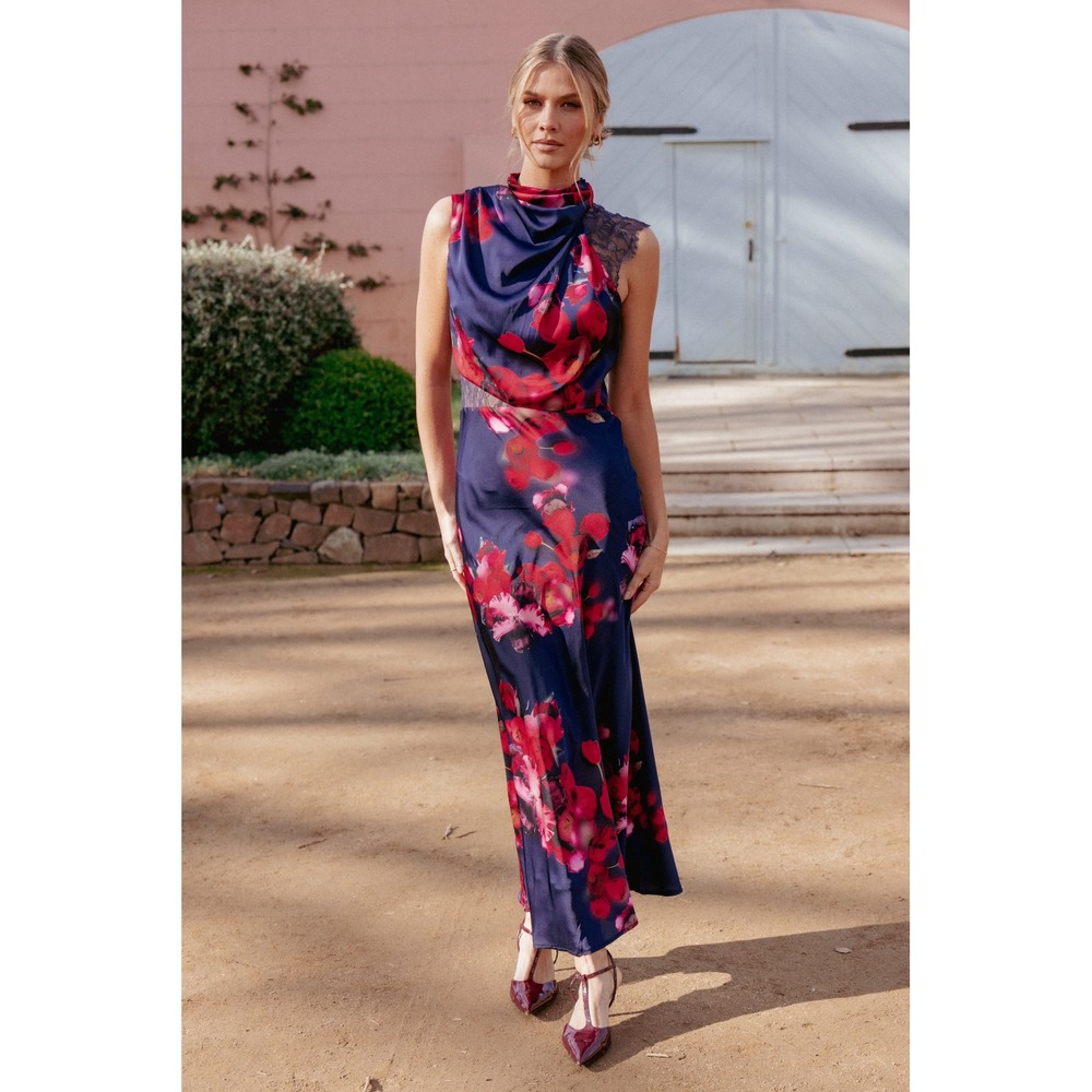 Petal & Pup Women's Anabelle Halter Lace Maxi Dress Navy Floral M Wedding Guest